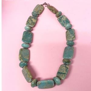 Vintage Green Agate and Sterling Silver Chunky Necklace 14”